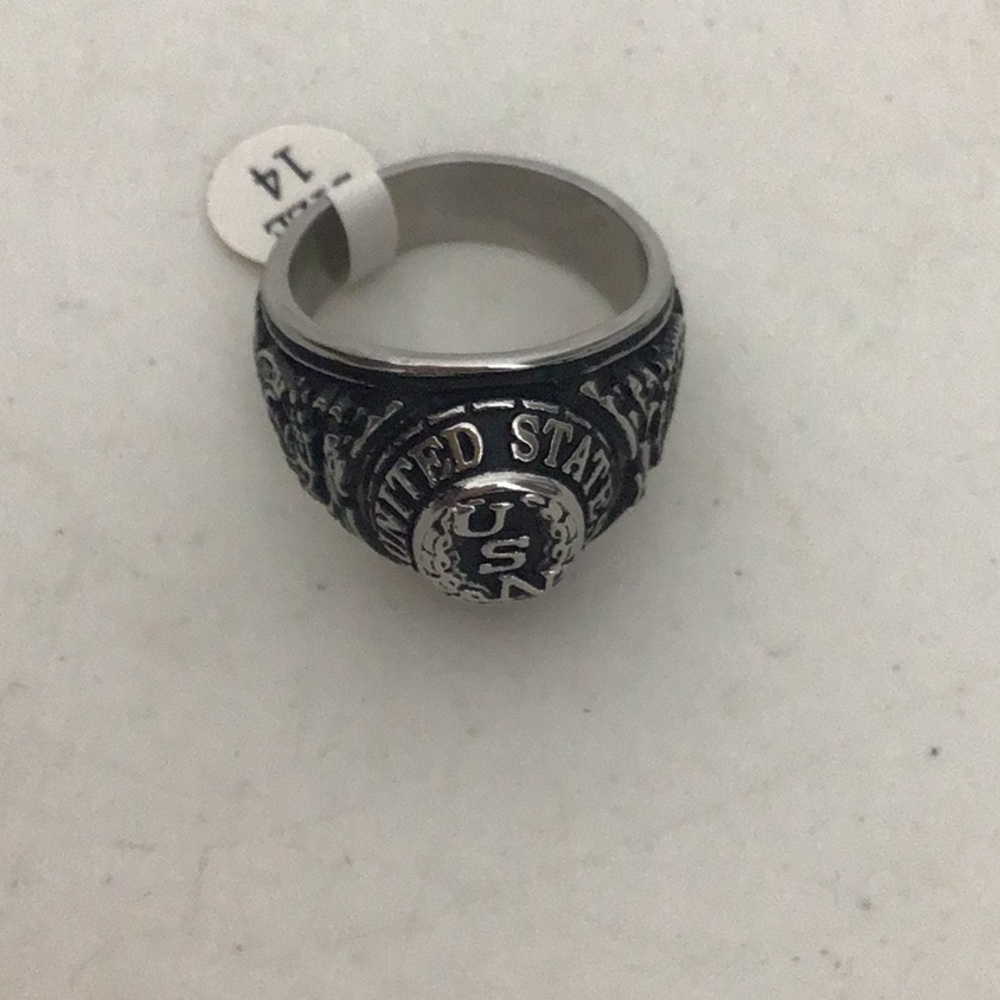 Stainless steel USN ring w/ brushed black accents. Navy ring many sizes on hand.
